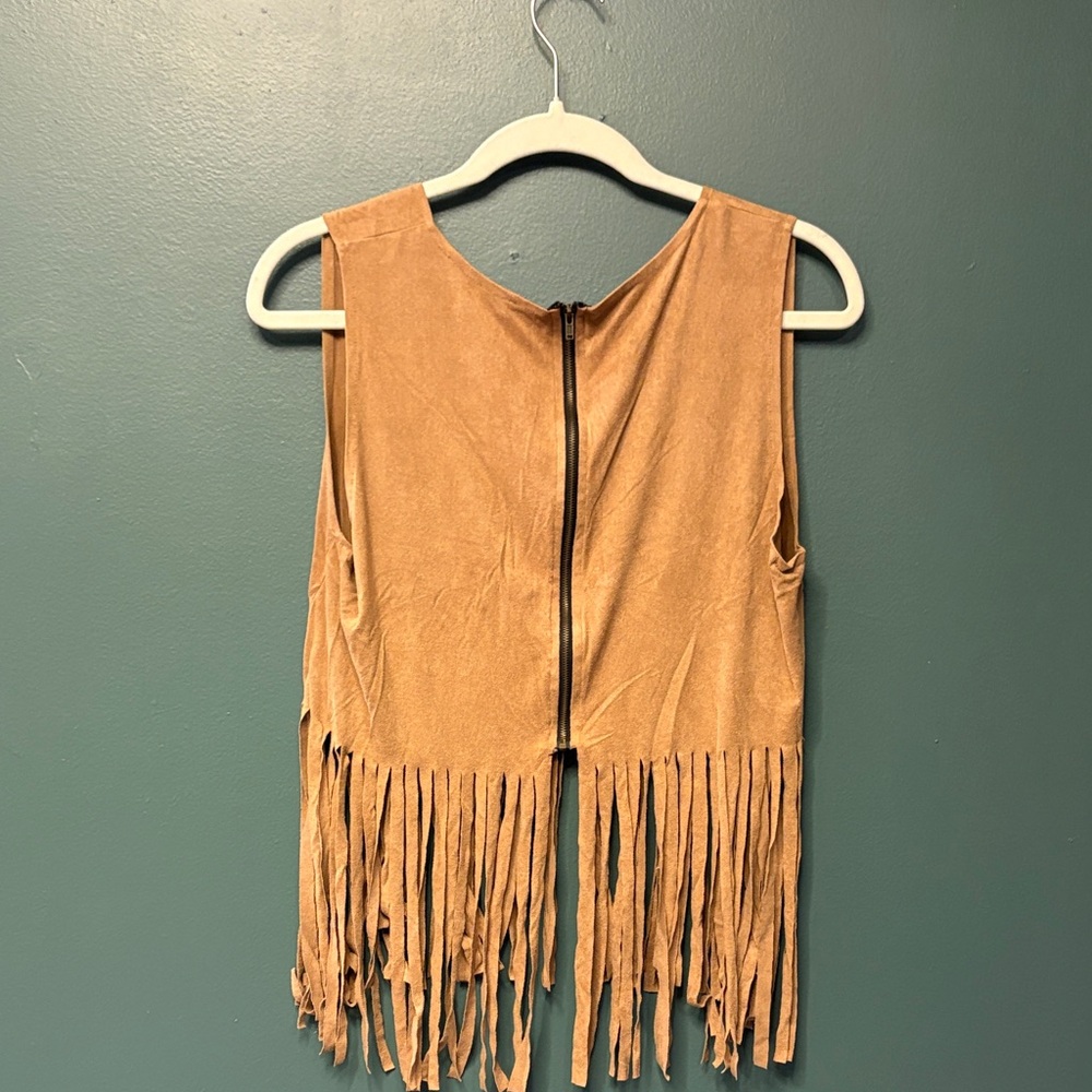 Sans Souci Tan Faux Suede Fringe Sleeveless Crop Top Boho Western Festival - Picture 3 of 4